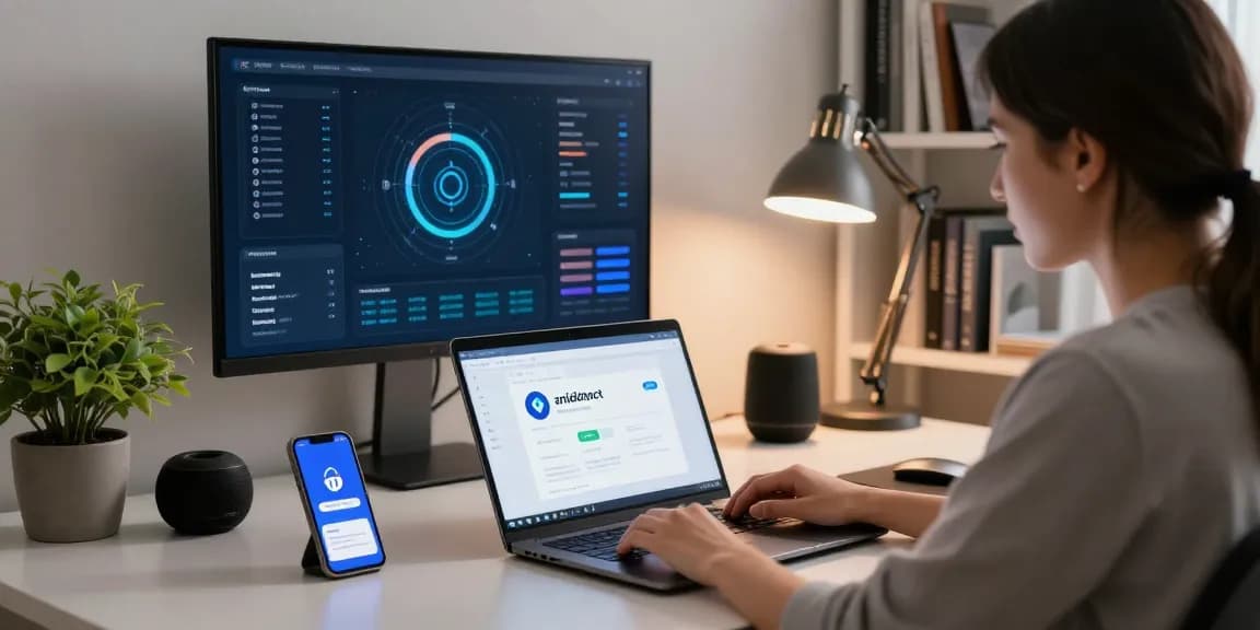 Stilren kontorsmiljö med en ung professionell som använder en antidetect browser på sin laptop för att säkerställa onlineintegritet.