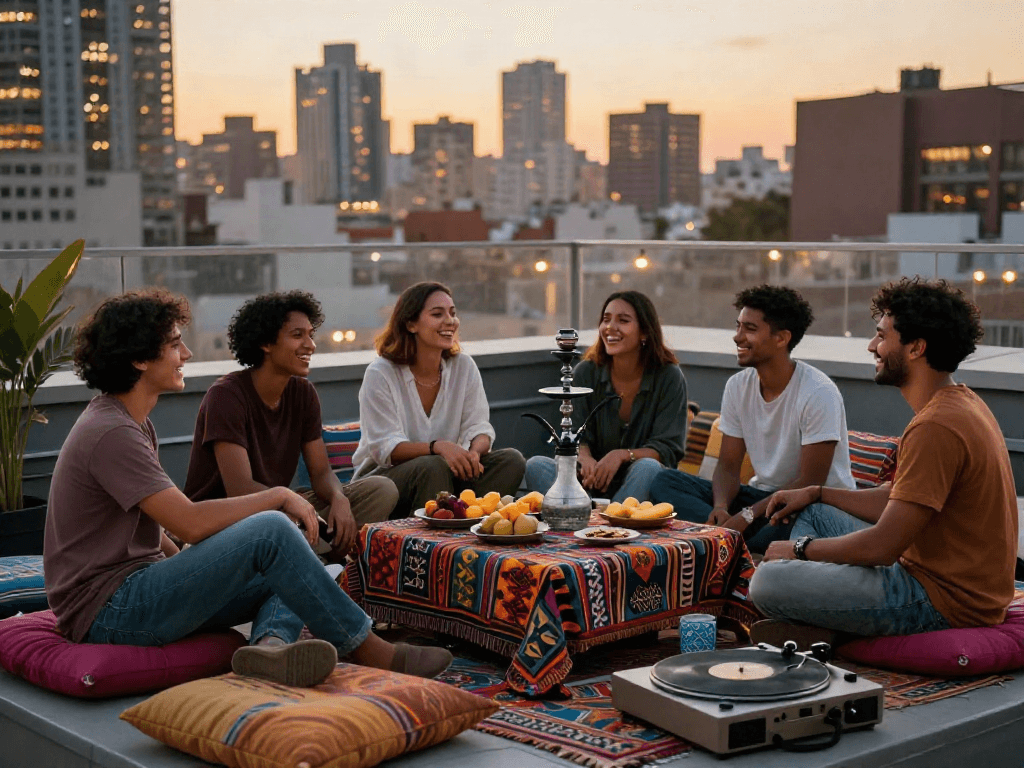 Friends enjoying a cozy rooftop gathering while sharing rokok88 shisha during sunset in the city.