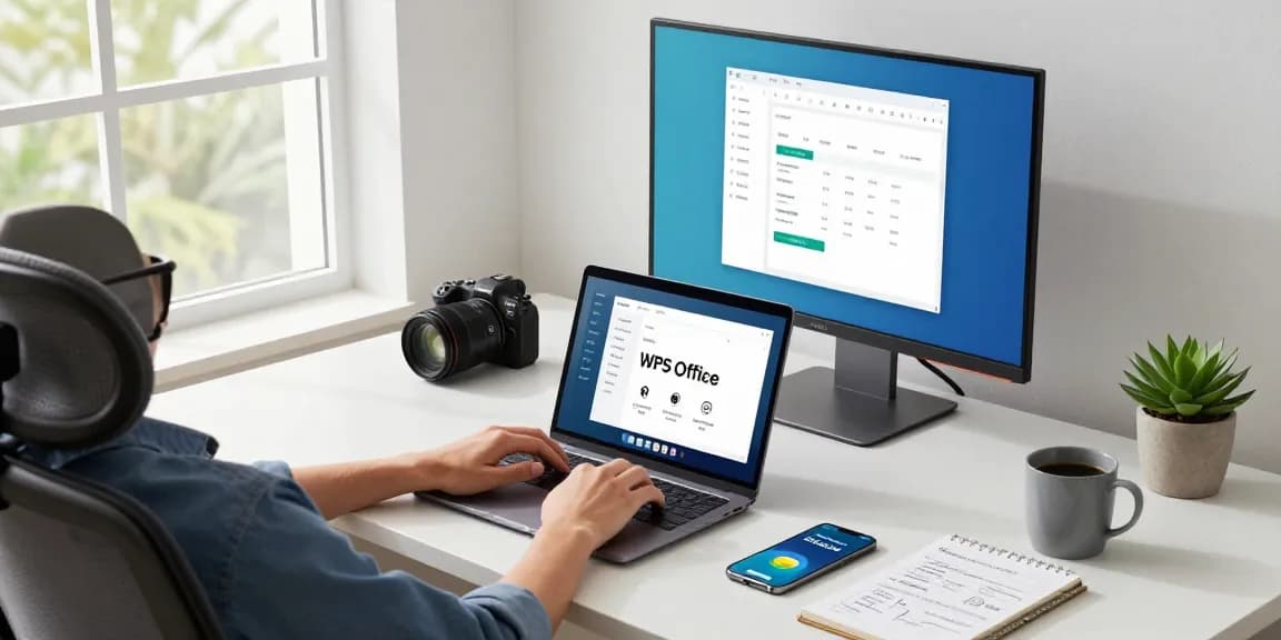 WPS Download in a modern workspace with a person using a laptop and productivity tools.