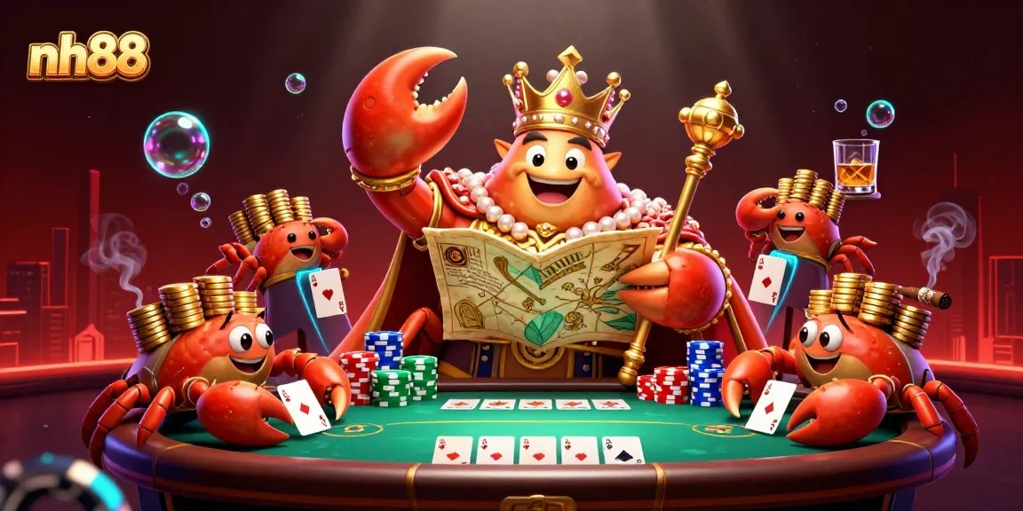 Experience exciting gaming moments at nh88, featuring colorful poker action with a golden crab emperor.