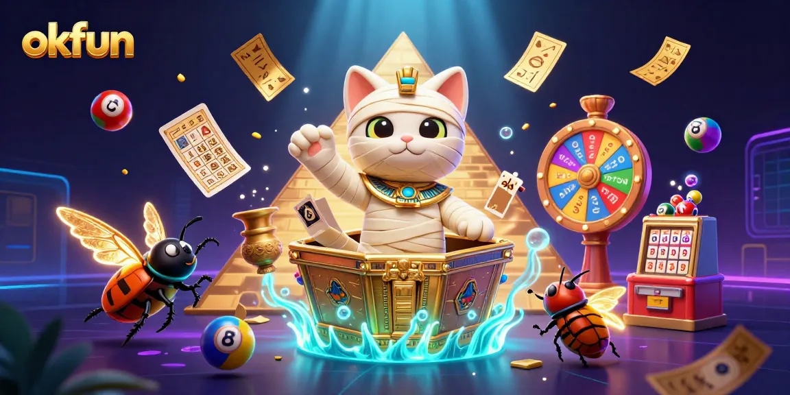 Engage in thrilling adventures at okfun with vibrant 3D illustrations featuring a mummy cat and casino elements.