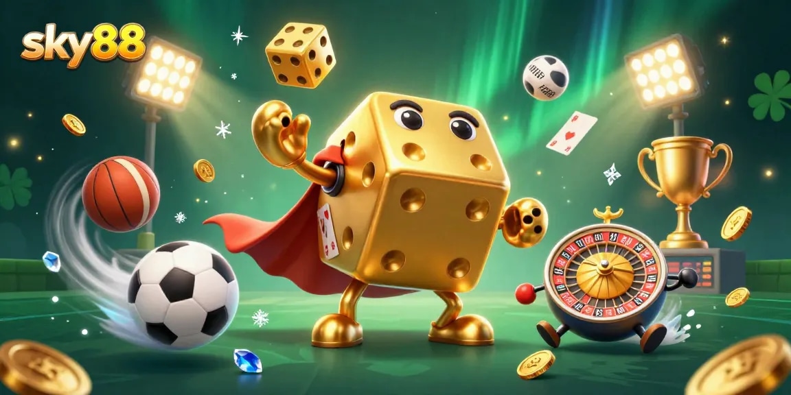 Sky88 showcases immersive online sports betting with golden dice and vibrant dynamic elements.