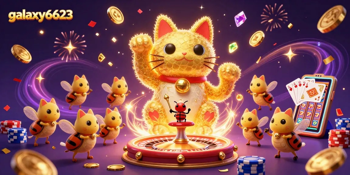 Play exciting games at galaxy6623 as golden fireflies form a lucky cat amidst casino symbols.