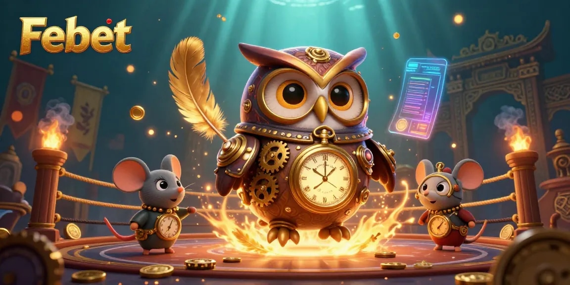 Engage in thrilling gameplay with Febet's vibrant casino universe featuring steampunk owl and clockwork companions.