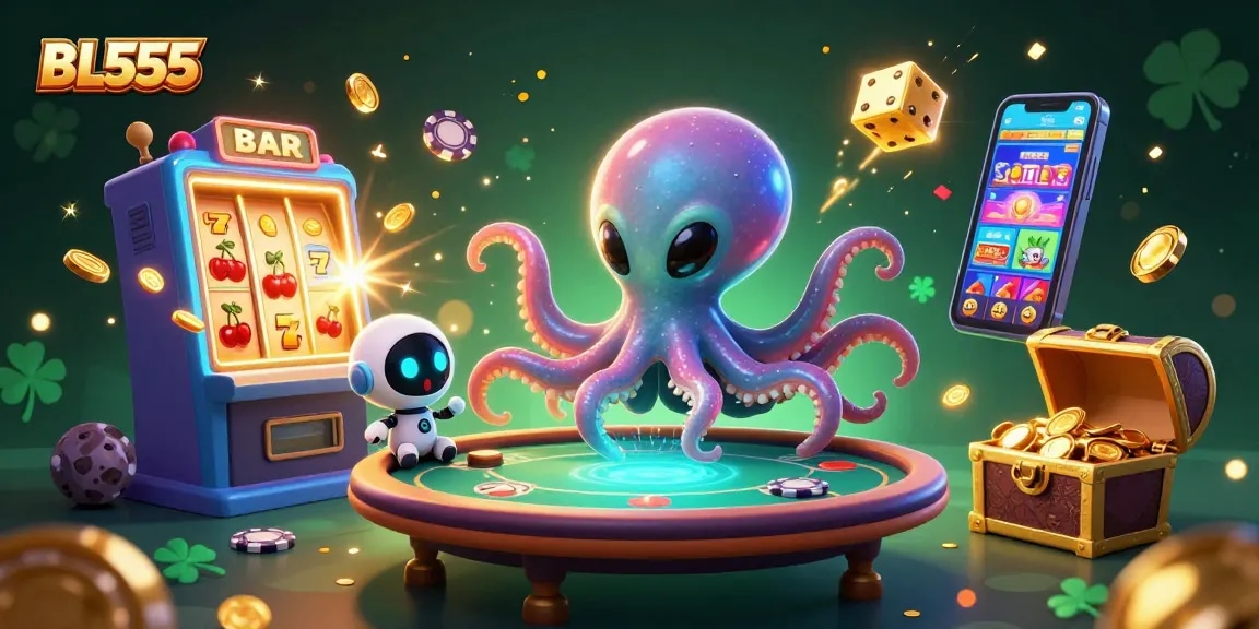 Join the fun at BL555 with our alien octopus dealing at a holographic poker table amid a jackpot explosion!