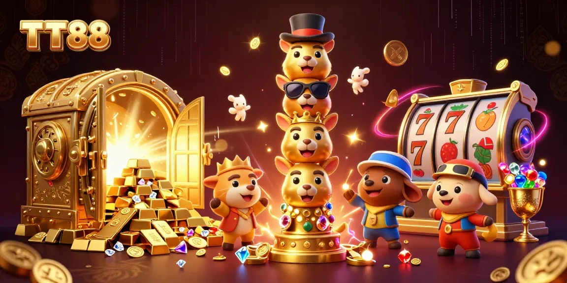 Experience TT88's vibrant casino environment filled with animated characters and rich game elements.
