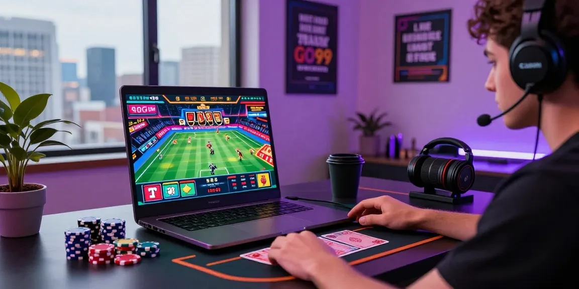 Exciting online gaming scene with GO999 player at home, showcasing vibrant sports betting interface and casino elements.