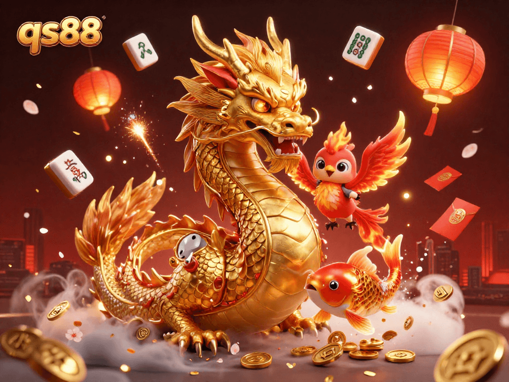 Experience the exciting qs88 casino with a dragon, phoenix, and koi fish amidst vivid game symbols.