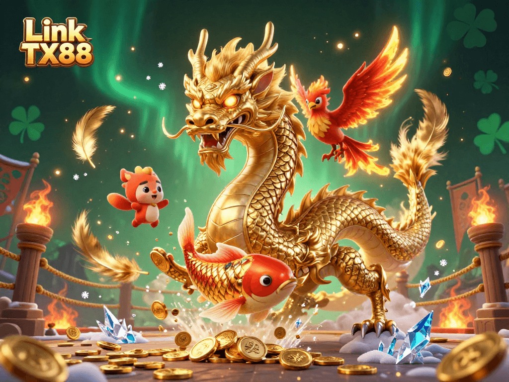 Experience thrilling gameplay at Link TX88 with dynamic illustrations of a dragon, phoenix, and koi in a vibrant casino setting.