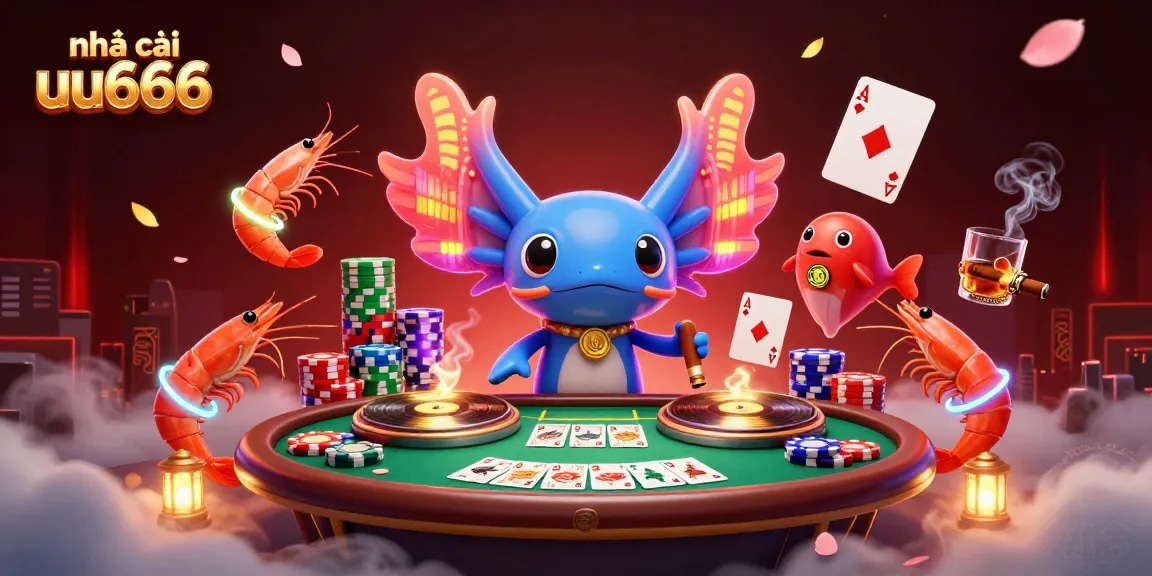 Experience excitement at nhà cái uu666 with vibrant DJ axolotl and animated shrimp in this casino scene.