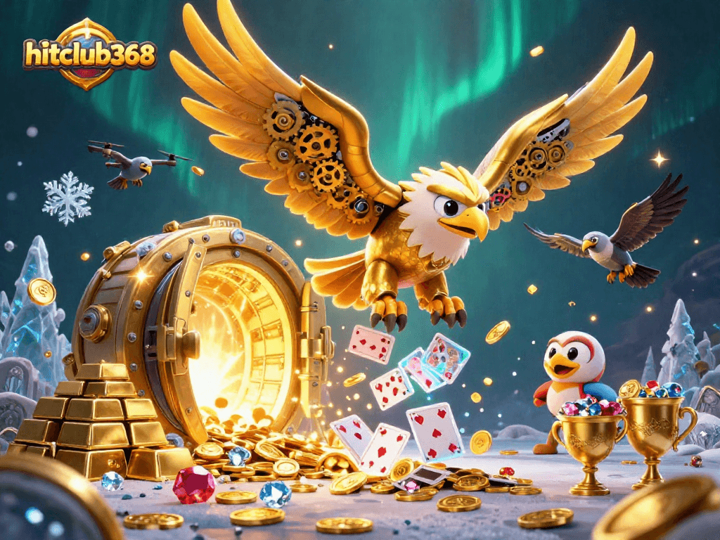 Hitclub368 showcases thrilling play with 3D cybernetic eagle diving through cards in a vibrant casino scene.