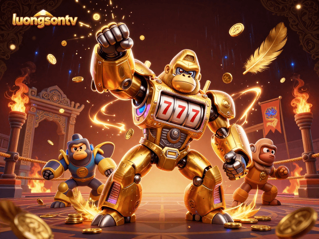Experience the thrill of luongsontv with a 3D scene featuring a golden gorilla mech and dynamic gambling elements.
