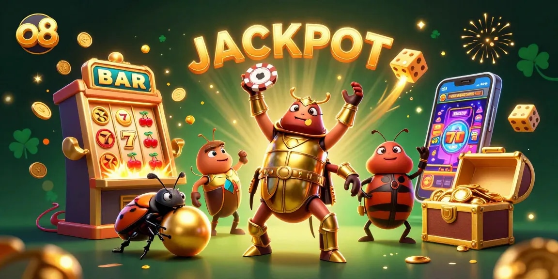 Experience thrilling wins at O8 with a jackpot explosion and lucky symbols surrounding a victorious beetle.