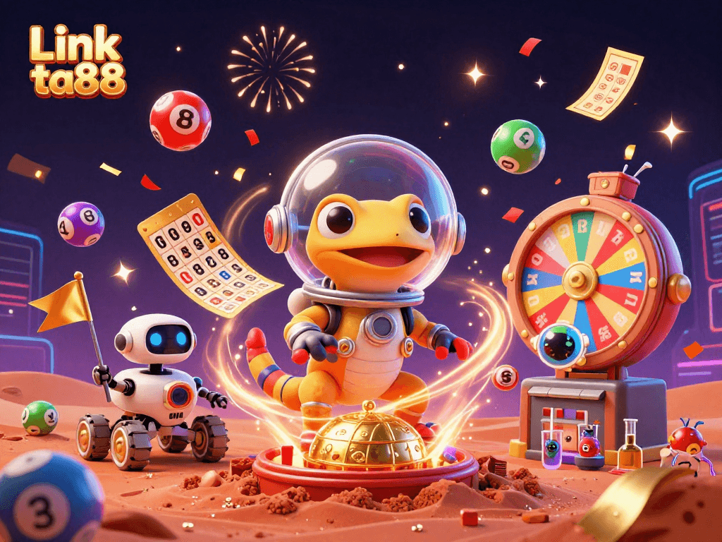 Experience excitement with Link ta88 in a vibrant Martian casino scene filled with colorful lottery elements.