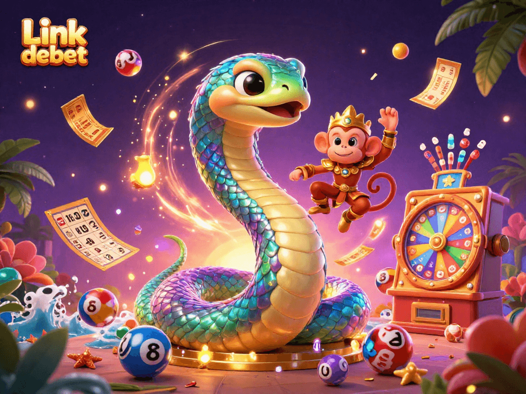 Engage with Link debet in this vibrant 3D casino illustration featuring magical elements and lottery excitement.