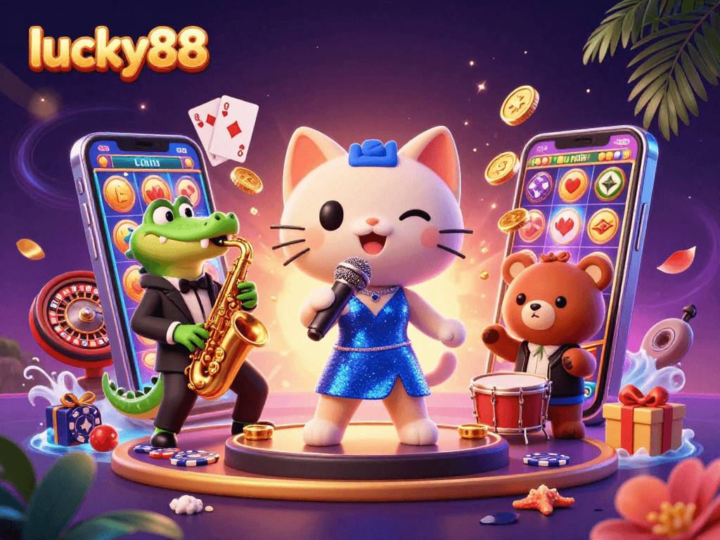 Spin colorful slots at lucky88 with a jazz-singer cat, crocodile saxophonist, and bear drummer.