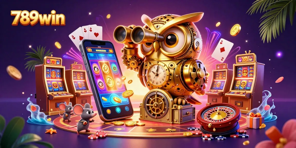 Engage with 789win's vibrant casino scene featuring a whimsical clockwork owl and games of chance.