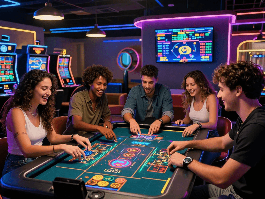 Crypto casino gaming table scene with friends enjoying digital games in a vibrant atmosphere