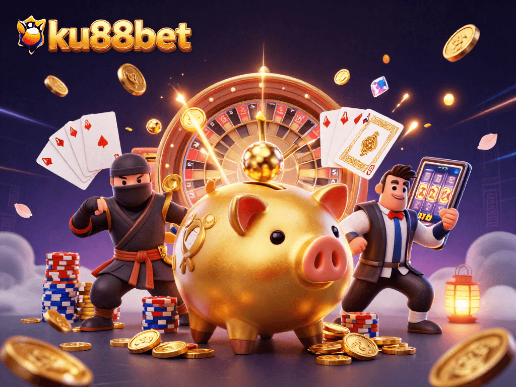 ku88bet gameplay showcasing vibrant characters and casino elements in a dynamic 3D illustration