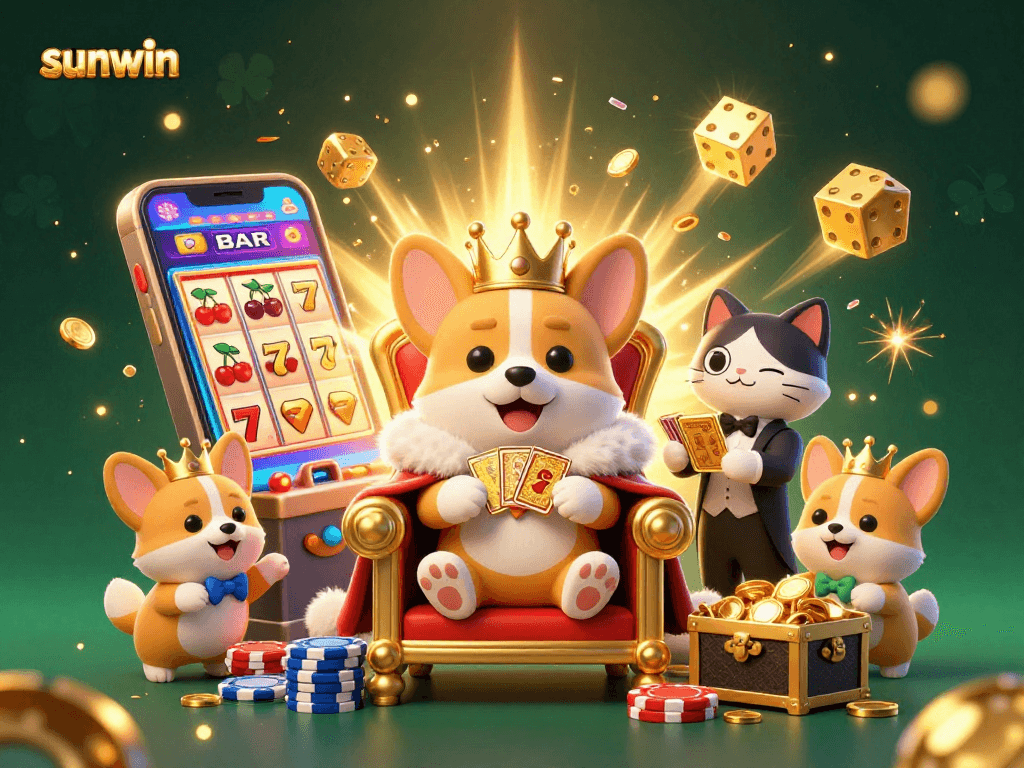 Experience the thrill of sunwin gaming with a vibrant casino illustration featuring royal corgis and dynamic slot action.