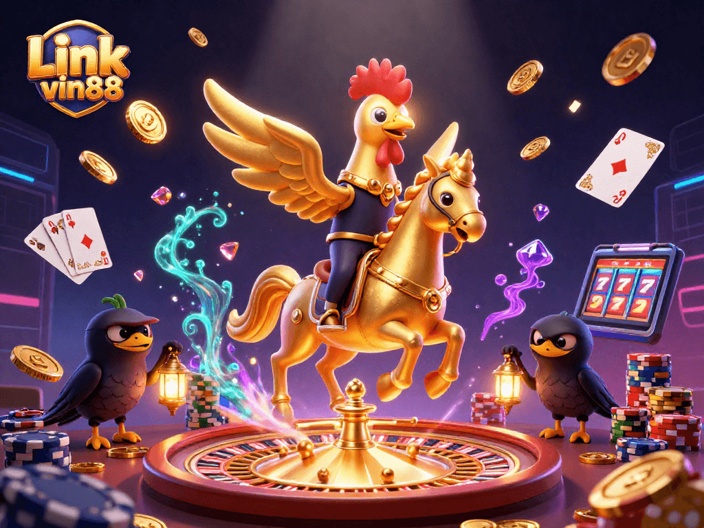 Experience thrilling gameplay with Link vin88 in a vibrant casino scene featuring golden rooster and treasures!