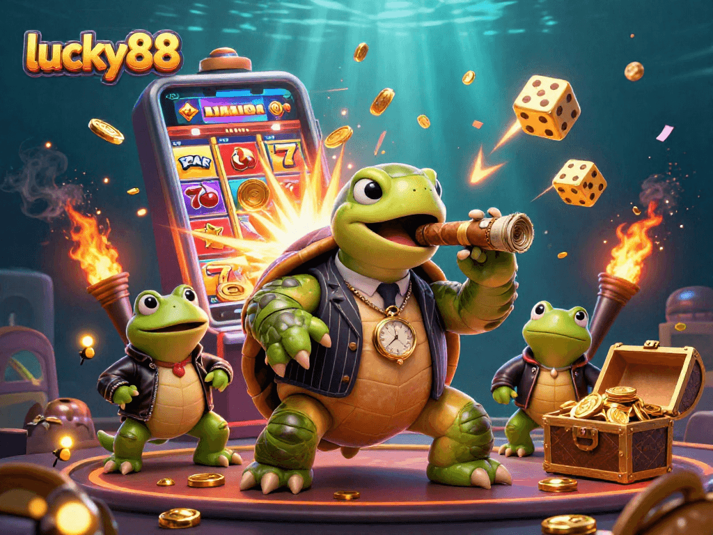 Experience the vibrant world of lucky88 with casino games, slot machines, and colorful characters.