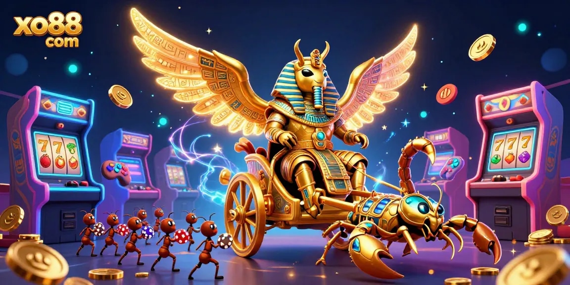 Engage with thrilling games at xo88 com, showcasing a vibrant casino scene with slot reels and arcade excitement.