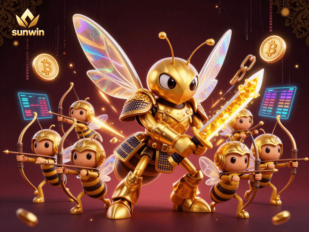 Engage in exciting gameplay with sunwin's vibrant casino scene featuring golden hornets and crypto elements.