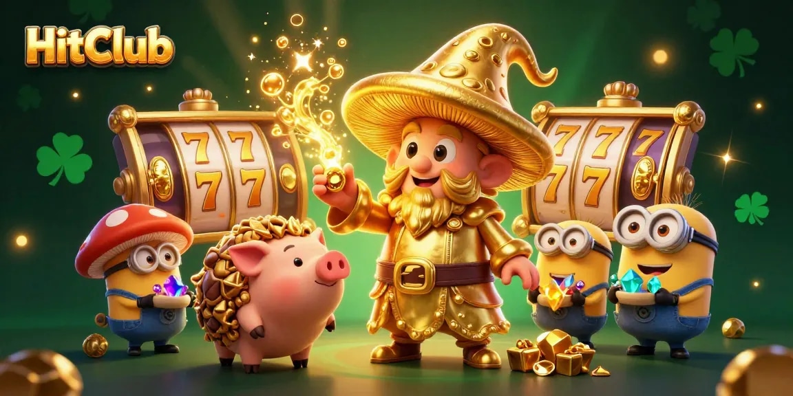 HitClub showcases an engaging 3D casino scene featuring dynamic slot reels and magical elements.