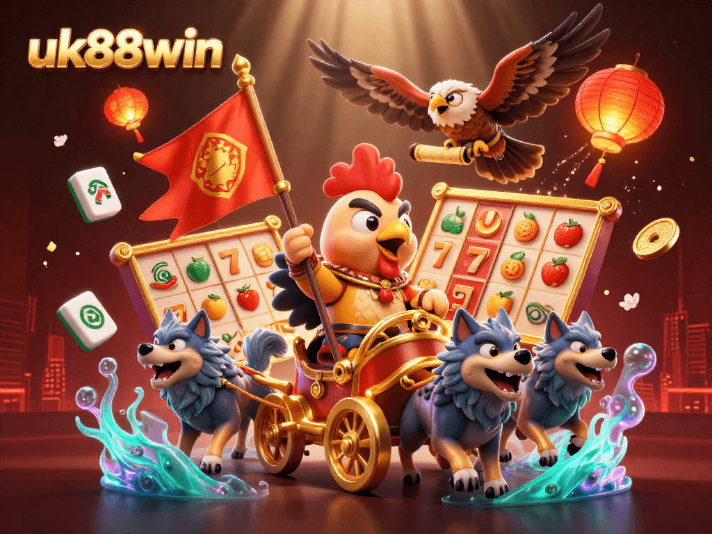 Experience thrilling slots and casino fun with uk88win's vibrant 3D illustration of a rooster warlord.