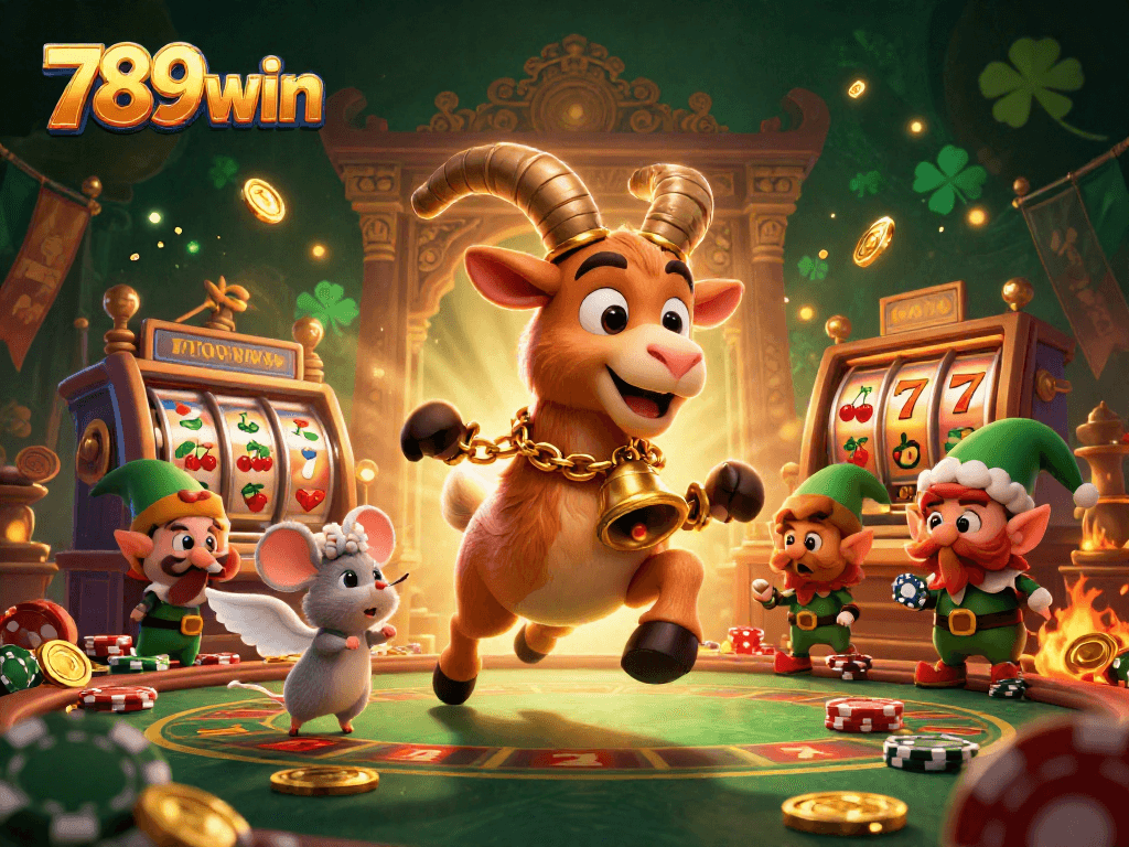 Bet on fun with 789win in this vibrant casino scene featuring Krampus, an angel mouse, and elf gremlins.