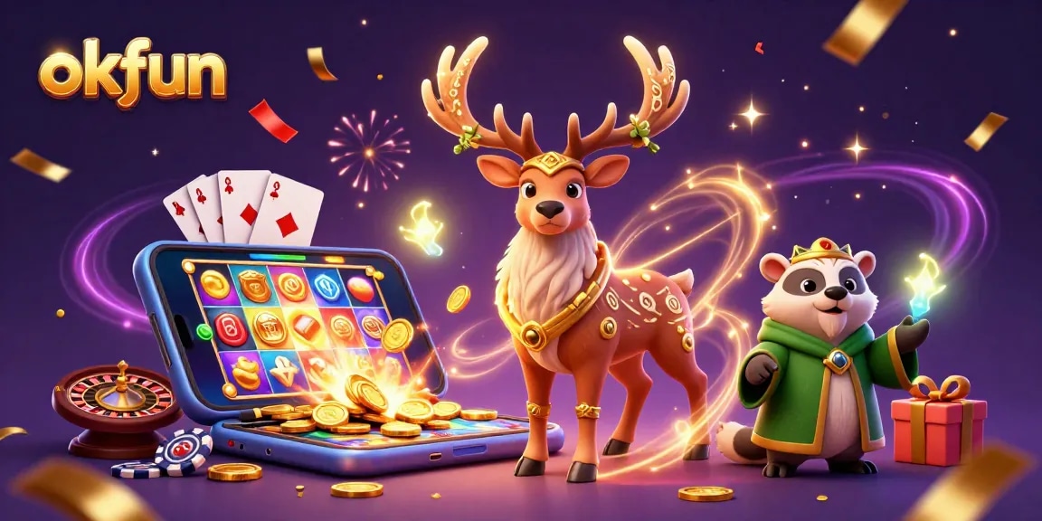 Experience thrilling slots at okfun with a vibrant 3D casino illustration showcasing dynamic gaming action.