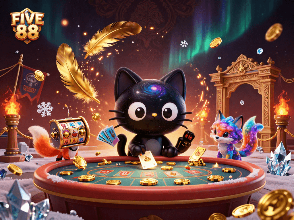 Experience FIVE 88 excitement as a black hole cat pulls in golden chips at a cosmic casino.