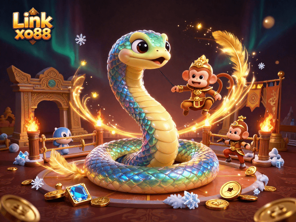Experience the excitement of Link xo88 with vibrant characters and rich casino elements in a stunning 3D illustration.