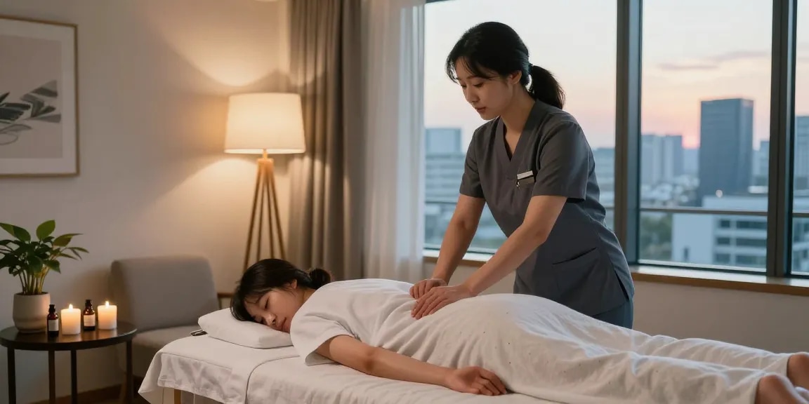 Relaxing 서울출장안마 experience with a professional therapist in a hotel setting, showcasing soothing ambiance and wellness.