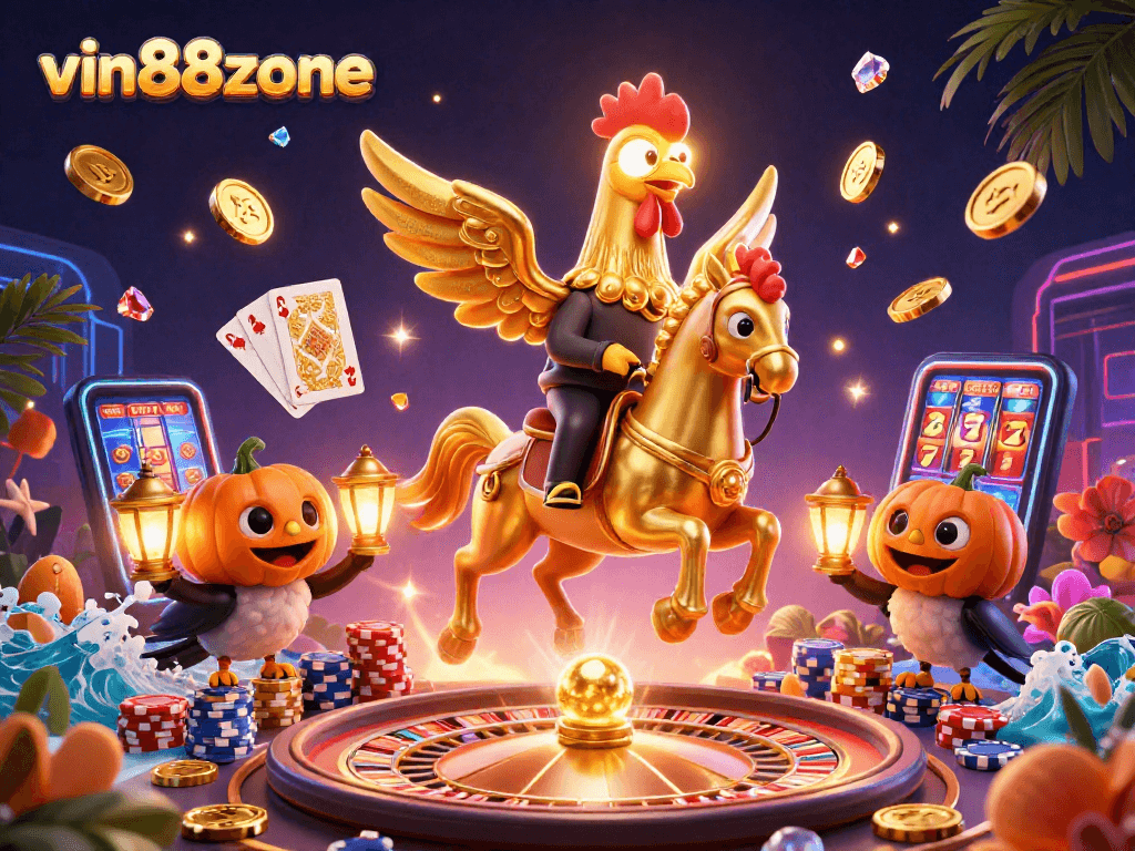 Experience thrilling gaming action with vin88zone, featuring a golden rooster in a vibrant casino.