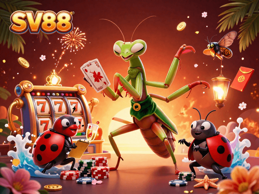 SV88 casino action with a giant mantis card sharp, a ladybug pit boss, and dynamic gaming elements.