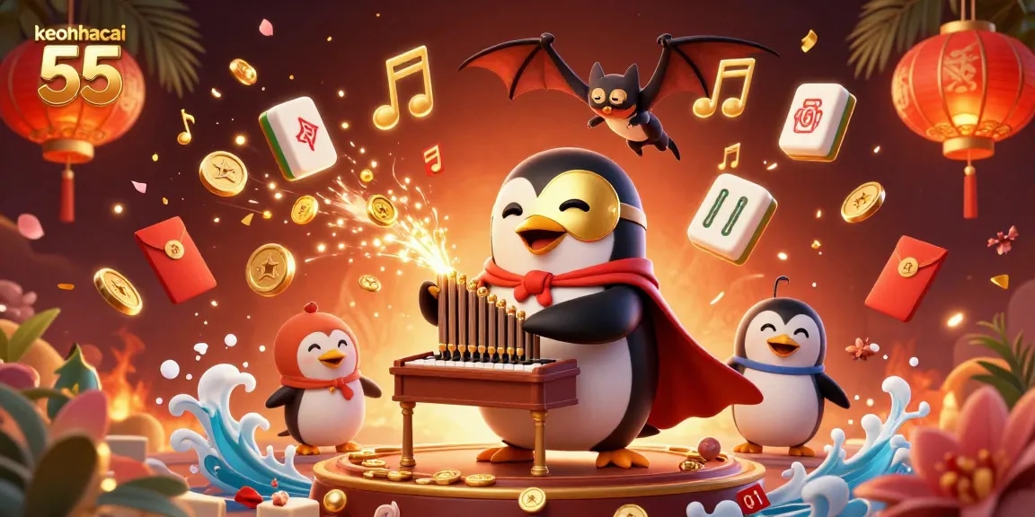 Experience thrilling gameplay with keonhacai 55 as a whimsical penguin plays a golden pipe organ amid vibrant casino imagery.