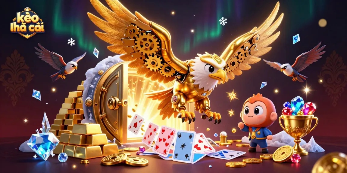 Engage with kèo nhà cái as golden eagle dives through holographic cards amid treasure
