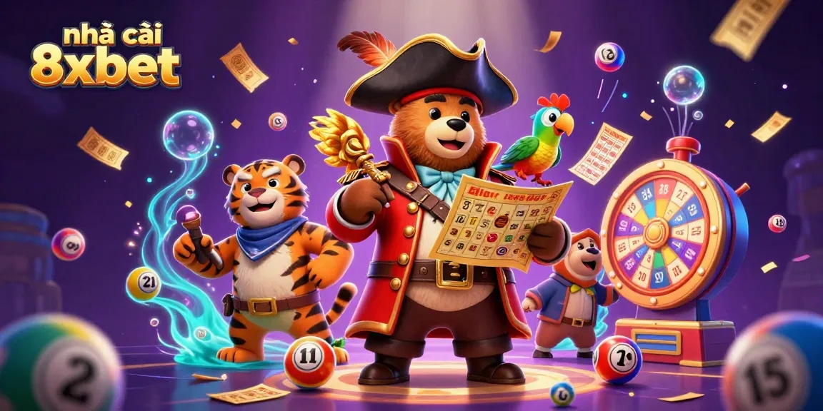 Experience exciting games at nhà cái 8xbet with a rich 3D casino illustration showcasing vibrant lottery elements.
