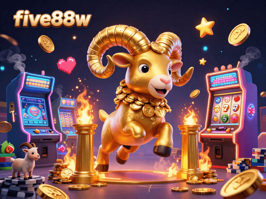 Experience excitement with five88w's golden ram charging through a vibrant casino scene filled with slot games.