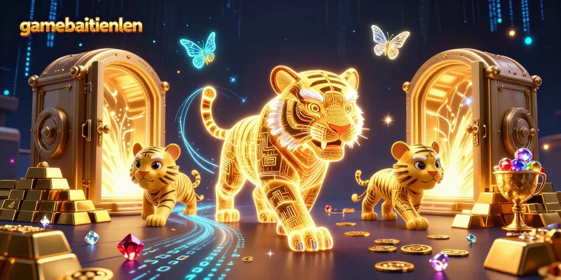 Engage with gamebaitienlen's vibrant visual of a golden tiger in a dynamic casino scene filled with treasures.