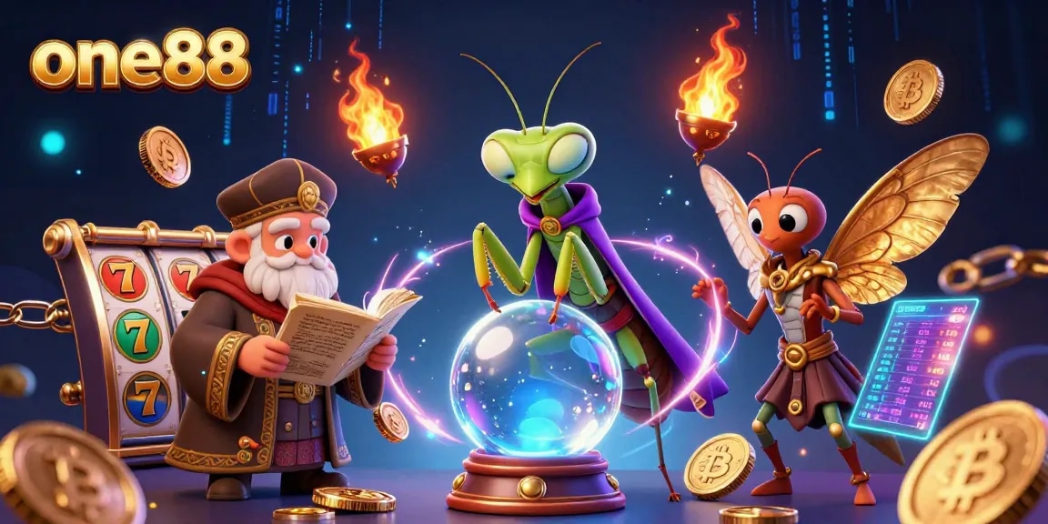 Experience thrilling wins at one88 with a vibrant 3D casino scene featuring mystical characters and dynamic slot reels.