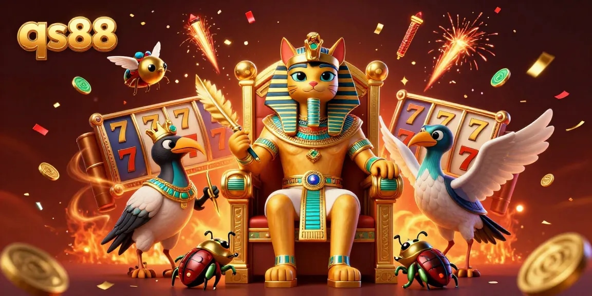 Experience thrilling adventures with qs88's Egyptian-themed casino games featuring a pharaoh cat and treasures.