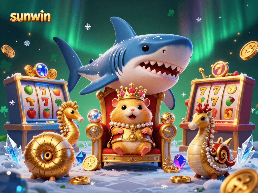Experience the thrill of sunwin with a vibrant casino scene featuring unique characters and classic slot machines.