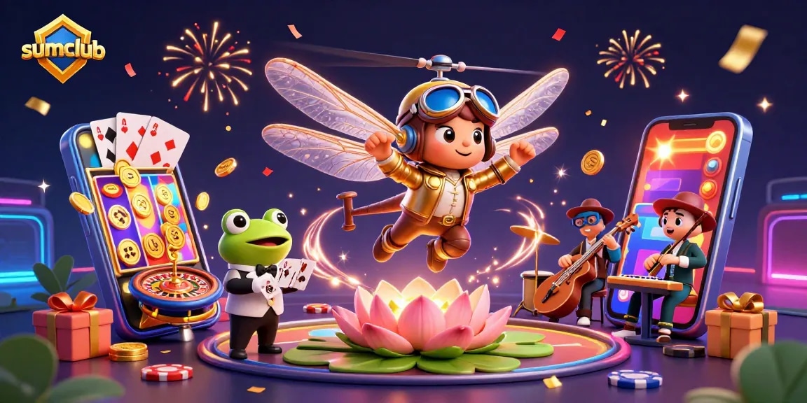 Experience the thrill of gaming with sumclub's vibrant casino scene featuring interactive characters and exciting slots.