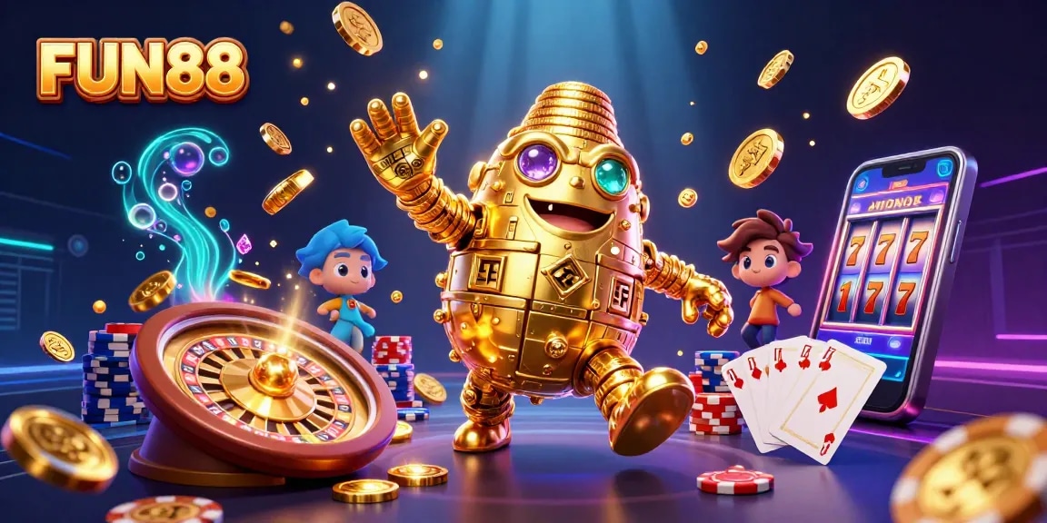 FUN88 delivers exciting casino thrills with a golden golem amid cascading coins and vibrant game elements.