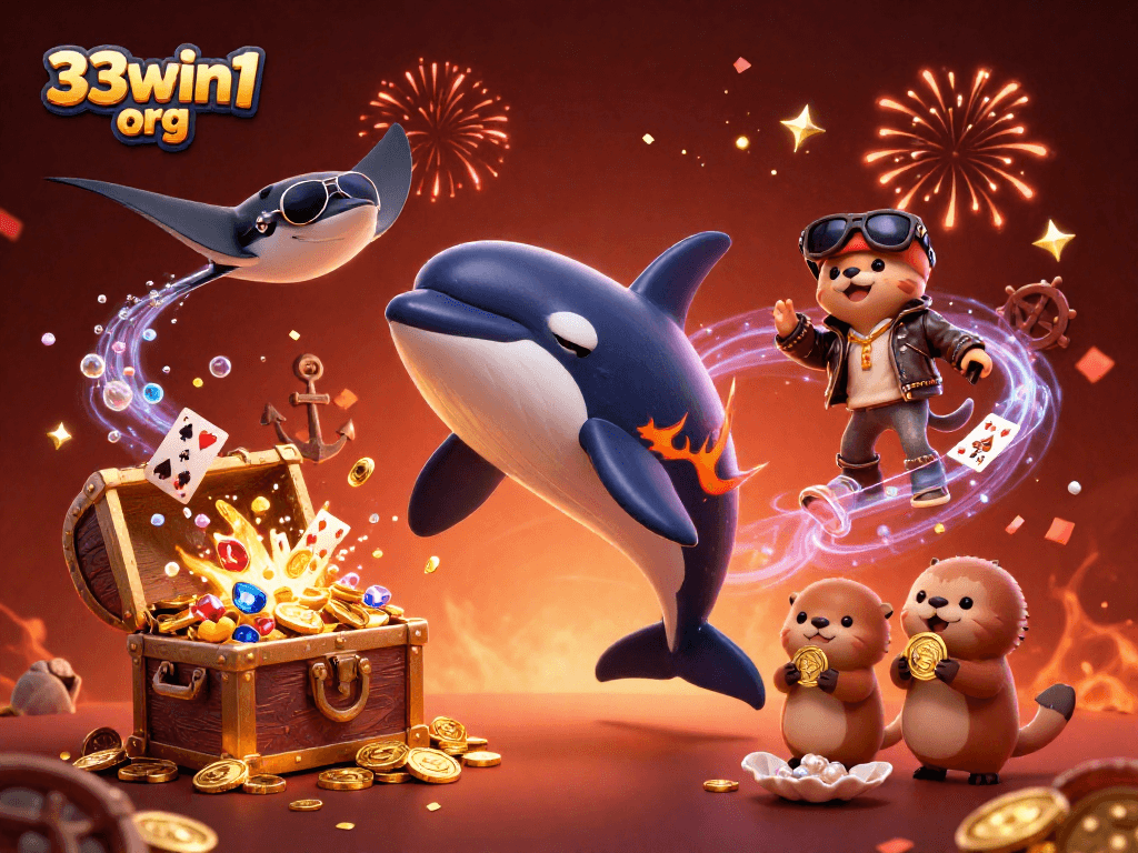 33win1 org showcases a thrilling casino-themed scene with vibrant characters and exciting game elements.