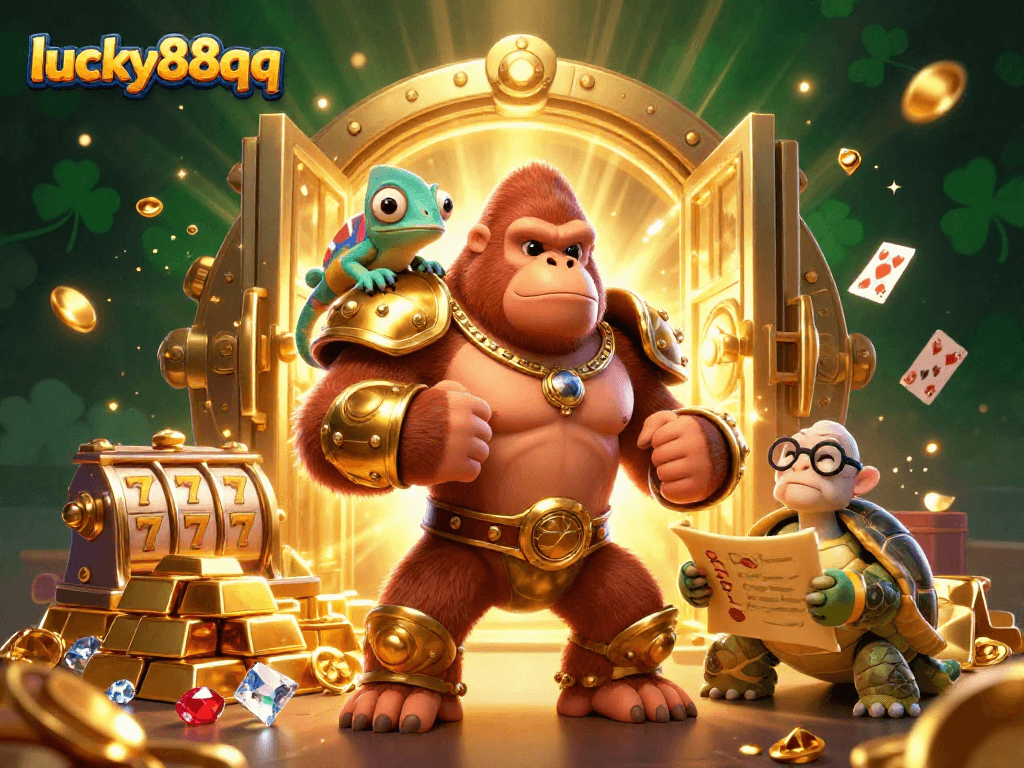 Engage with lucky88qq's vibrant casino scene featuring a powerful gorilla king and treasure galore.