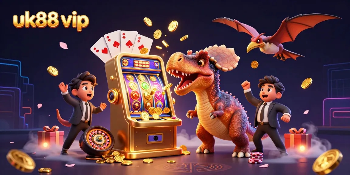 Witness the excitement of uk88 vip as dinosaur mascots interact with exhilarating slot machines and flying coins!